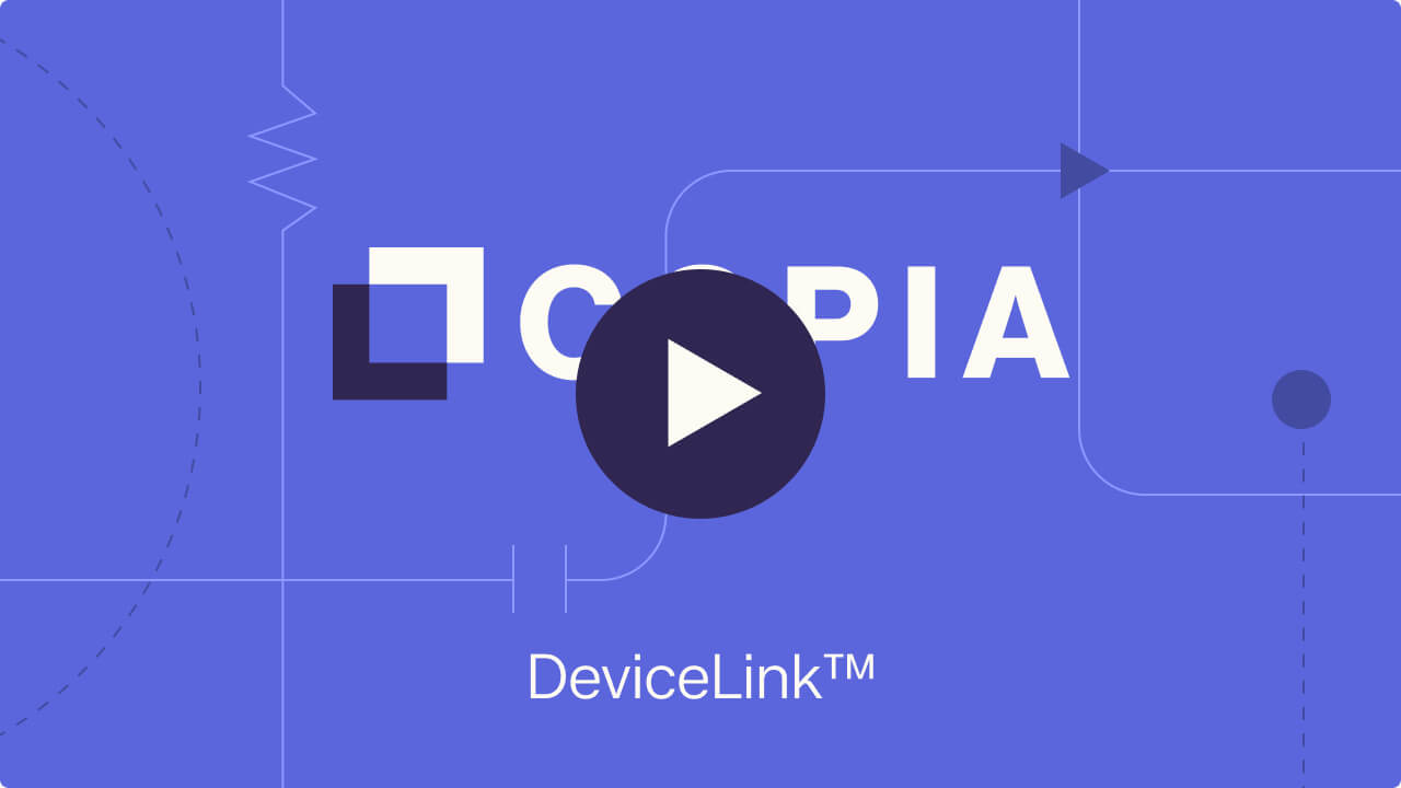 Copia Products DeviceLink logo with text highlighting automated backups, instant recovery, and complete visibility.